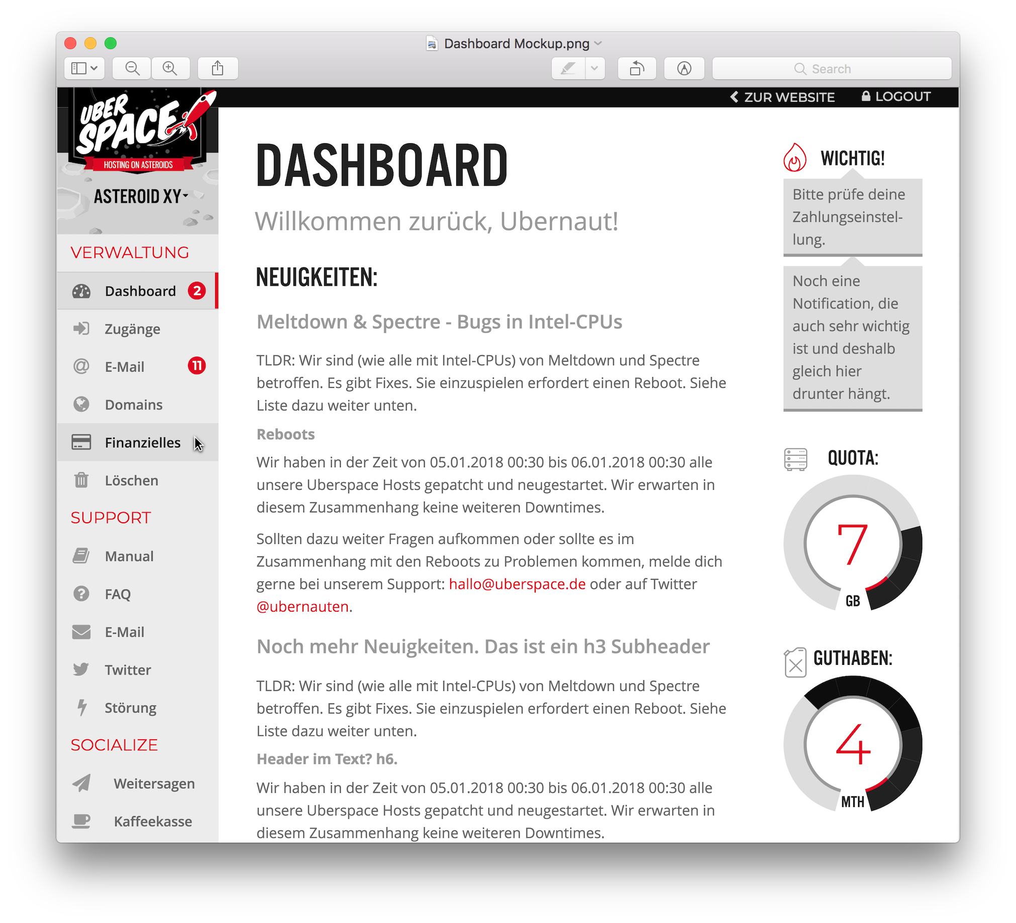Neues Dashboard